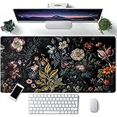 Floral Desk Mat Dark Vintage Aesthetic Desk Pad Flower Plant Black Extended Mouse Pad Large Gaming Mousepad XXL Laptop Computer Mouse Keyboard Mat 31.5 x 15.7 in for Office Desk Decor