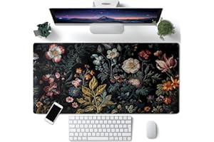 CYZFF Floral Desk Mat Dark Vintage Aesthetic Desk Pad Flower Plant Black Extended Mouse Pad Large Gaming Mousepad XXL Laptop Computer Mouse Keyboard Mat 31.5 x 15.7 in for Office Desk Decor