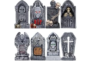 ROBERLY Halloween Tombstones Decorations Outdoor, 8 PCS Halloween Graveyard Yard Decorations 16.5" Gravestones Signs with Stakes for Halloween Scary Cemetery RIP Skeleton Headstones Yard Lawn Garden Decor
