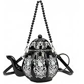 Novelty Teapot Shaped Purse, Floral Faux Leather Cute Handbag with Pearl Chain Handle, Convertible Crossbody Bag for Women