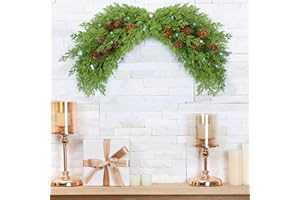 Moucuny 24 Inch Artificial Christmas Window Swags for Front Door Juniper Christmas Mailbox Swag Cedar Garland with Seed Pine Cone Faux Swag Wreath for Xmas Decoration Home Window Mantel Hanging Decor