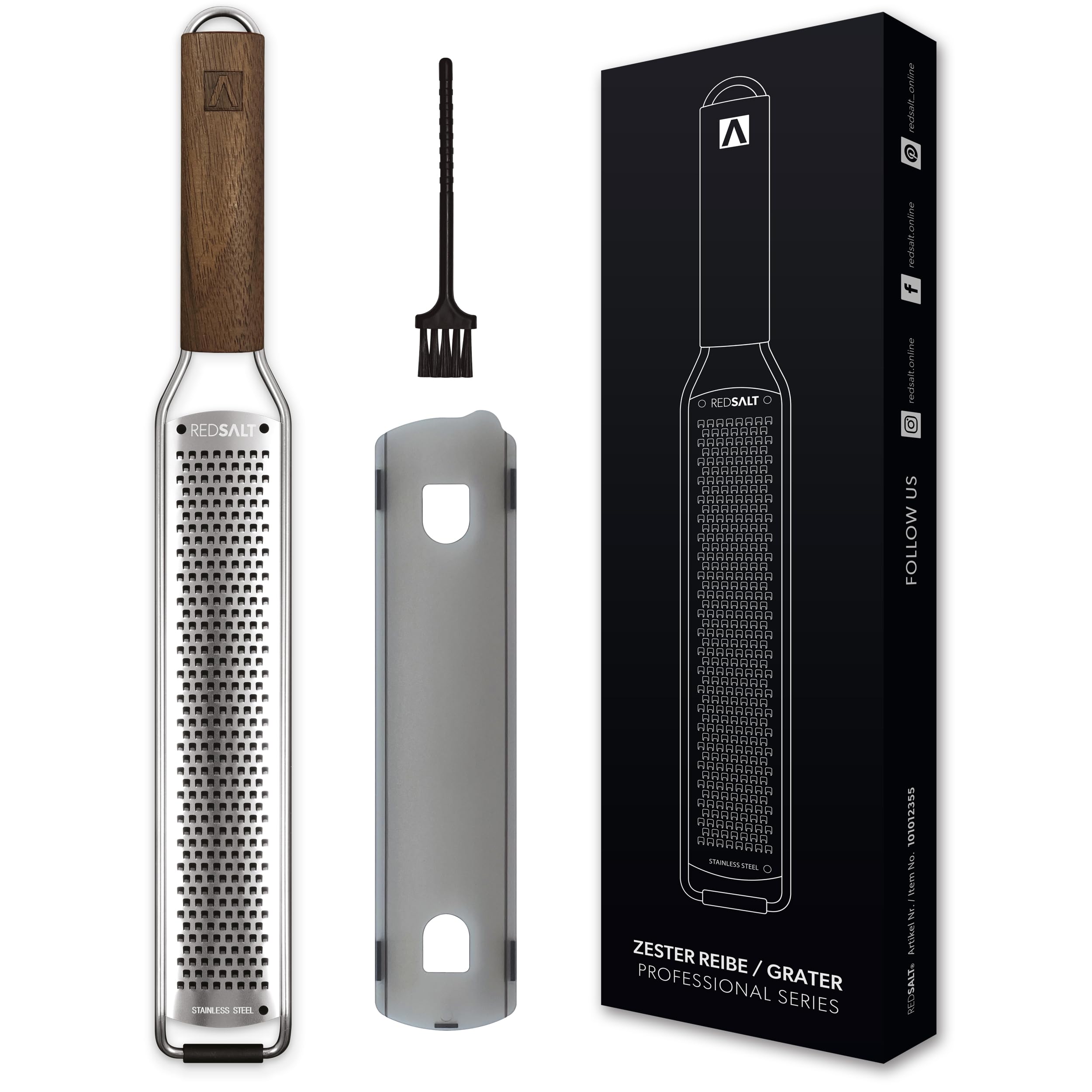 REDSALT® Premium Zester Grater Stainless Steel | Wooden Handle and Rubber Foot | Ideal Rasp for Lemons, Ginger, Carrots, Vegetables, Parmesan Cheese | Professional Kitchen Aid | Slicer Set with Brush — image 1