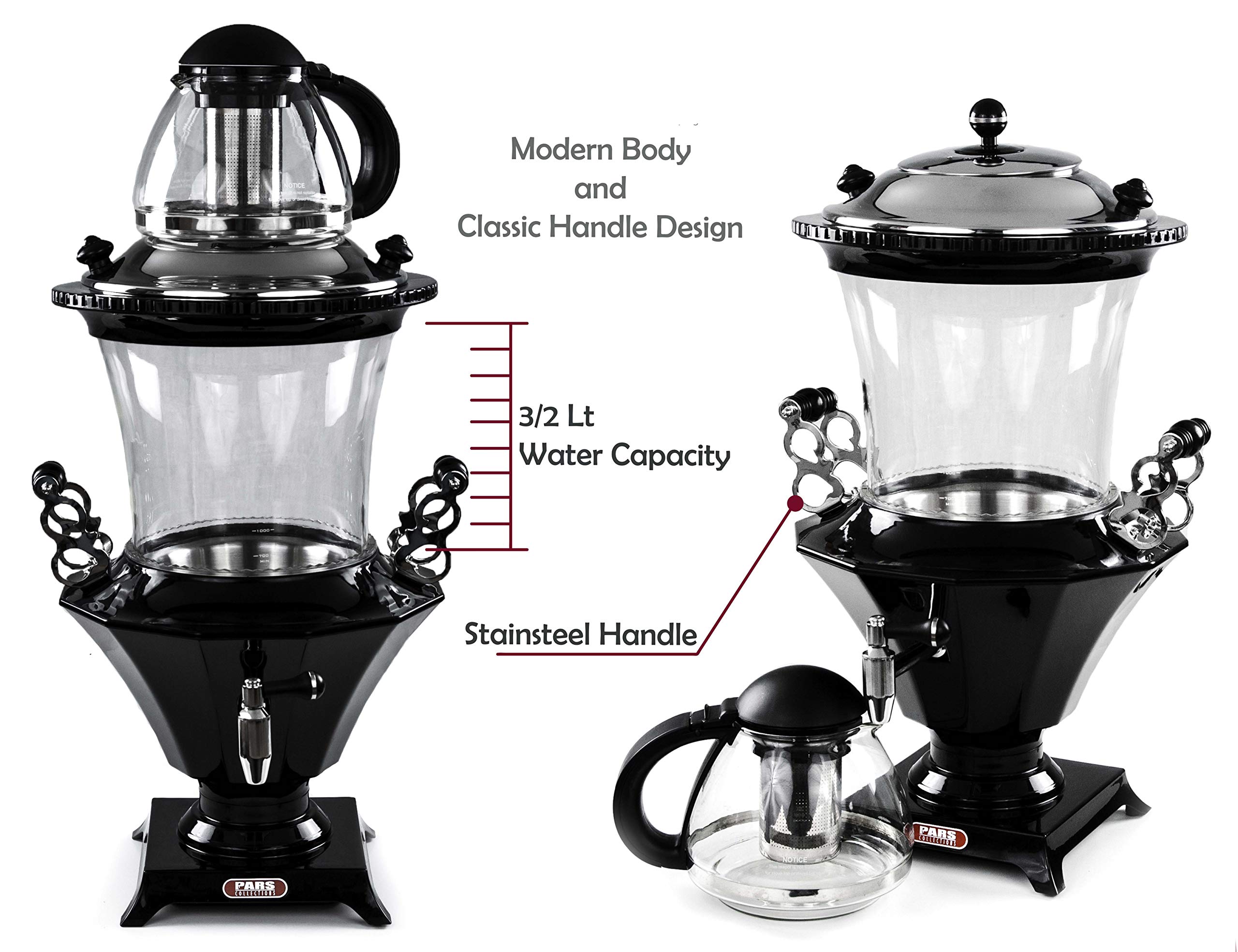 Turkish Samovar with Glass teapot/Black Stainless Steel Lid Persian