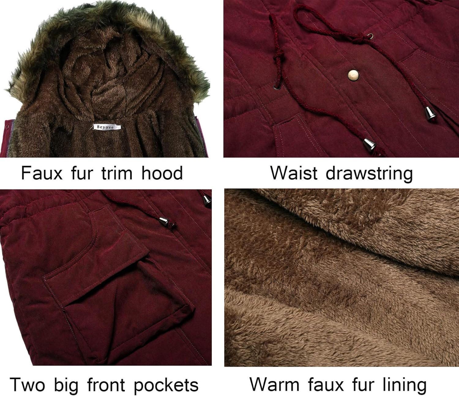 Beyove Womens Hooded Warm Winter Coats with Faux Fur Lined Outerwear Jacket: Clothing