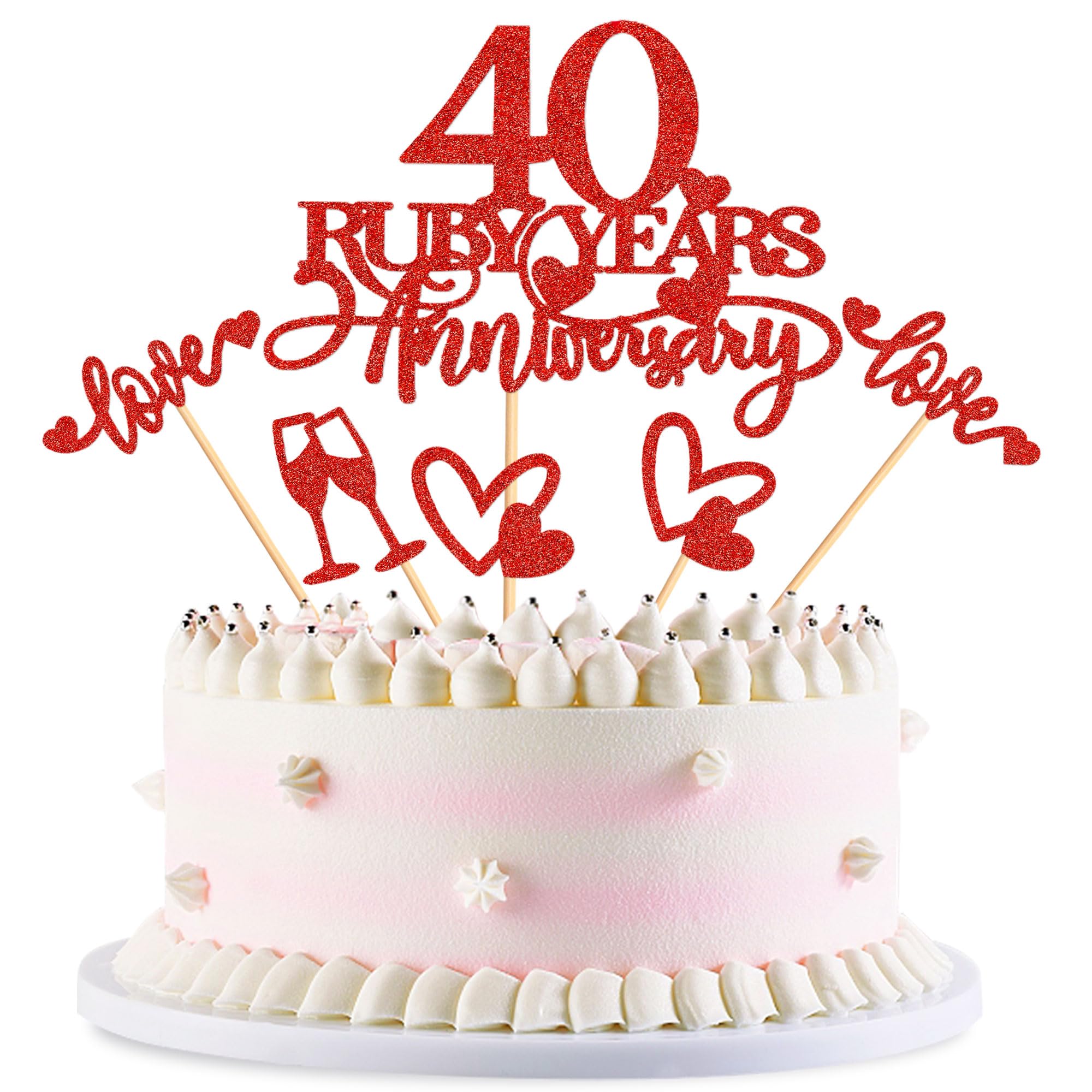 Blumomon 25Pcs 40th Anniversary Cake Toppers Ruby Weddding Anniversary Heart Cake Decoration for 40 Years and Love Celebration Party Supplies