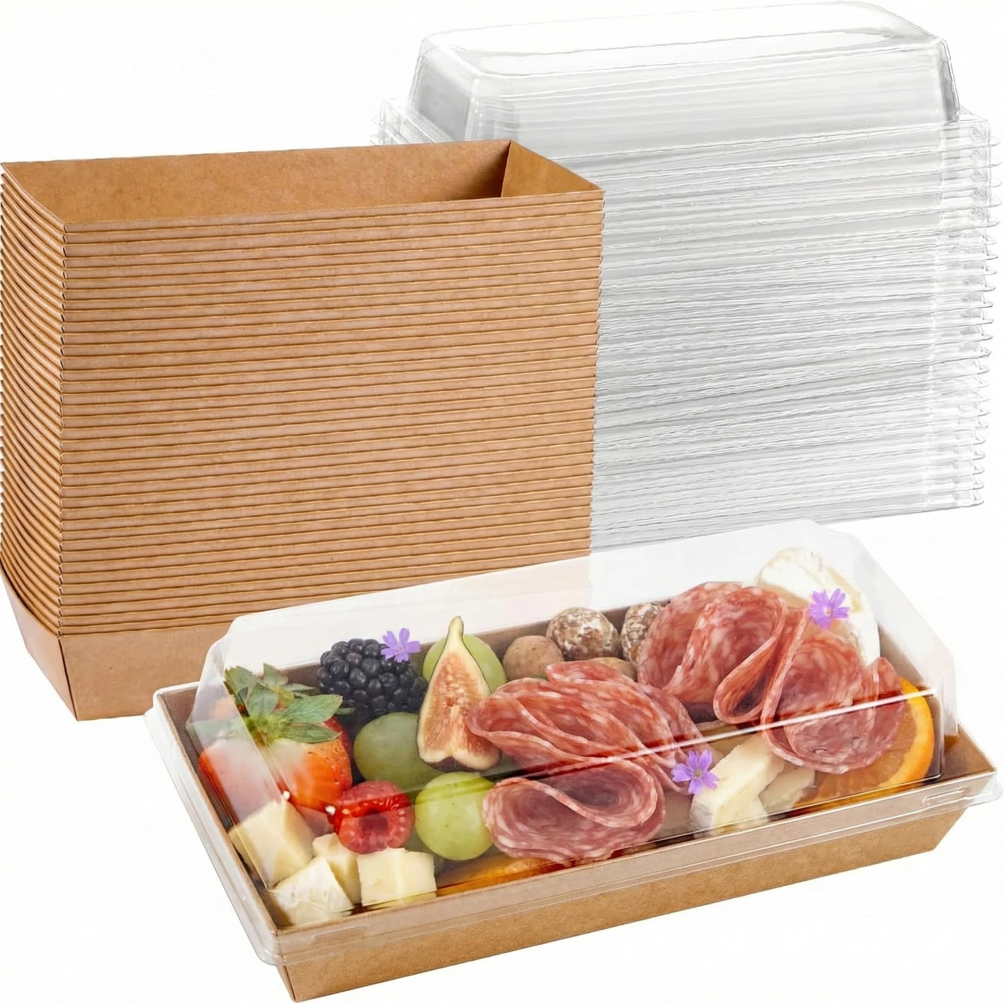 Photo 1 of 50 Pack 7.5x3.3 Inches Small Charcuterie Boxes with Clear Lids - To Go Paper Mini Treat Box, Charcuterie Boards Accessories, Dessert Boxes, Cookie, Cake Slice, Chocolate Strawberry, Donut (Brown)