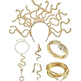 COSUCOS Halloween Medusa Costume Accessories Set, 6 Pcs Renaissance Golden Fantasy Snake Halo Crown Kit with Earring Necklace Finger Chain and Bracelet, Renfaire Sun Greek Goddess Headpiece for Women