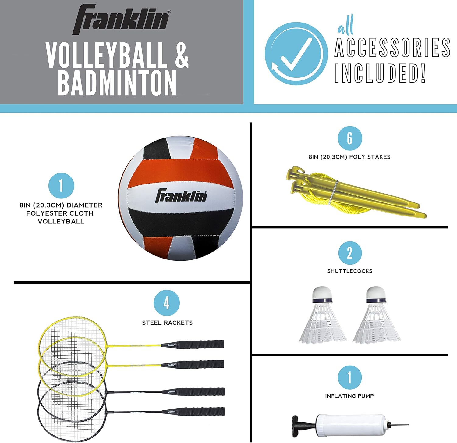 Franklin Sports Volleyball & Badminton Combo Set - Portable Backyard Volleyball & Badminton Net Set - Volleyball, Rackets & Birdie Included - Family, Model:50611 : Sports & Outdoors