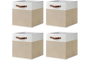 ArcaGuru 13x13x13 Storage Cube Bins, Foldable Fabric Organizer Bins Storage Cubes Baskets Box Drawers for Shelves, Closet, Wardrobe, Bookshelf, 4 Pack, White/Khaki