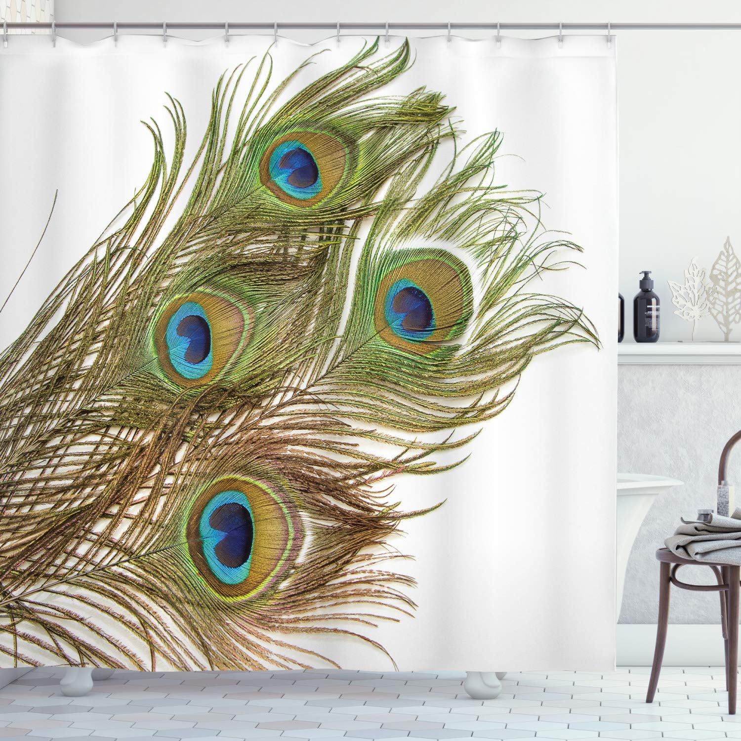 Ambesonne Peacock Shower Curtain, Macro Peacock Tail Feather Like Third Eyes Vitality New Life Path Awakening Print, Cloth Fabric Bathroom Decor Set with Hooks, 70