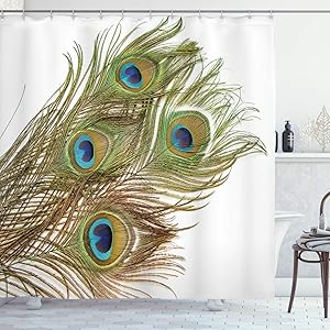 Ambesonne Peacock Shower Curtain, Macro Peacock Tail Feather Like Third Eyes Vitality New Life Path Awakening Print, Cloth Fabric Bathroom Decor Set with Hooks, 70