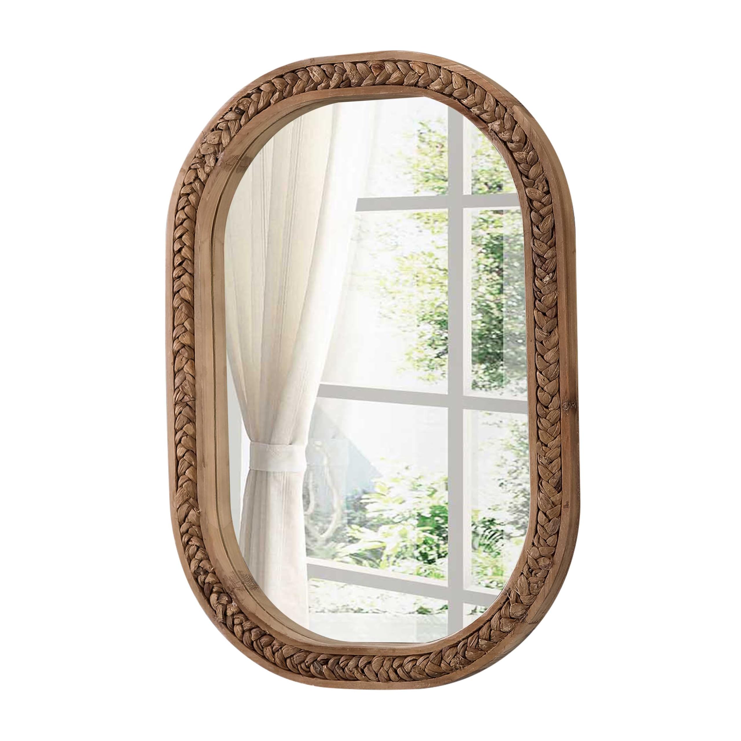 Photo 1 of Sintosin Rustic Oval Rattan Mirrors for Wall 16 X 24 Inch, Hanging Wood Frame Mirrors for Bedroom, Handmade Unique Coastal Mirror Wall Decorative for Bathroom Entryway, Horizontal or Vertical