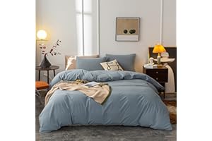 Janlive Washed Cotton Duvet Cover Oueen Ultra Soft 100% Cotton Solid Color Grayish Blue Duvet Cover Set with Zipper Closure -3 Pieces Grayish Blue Queen