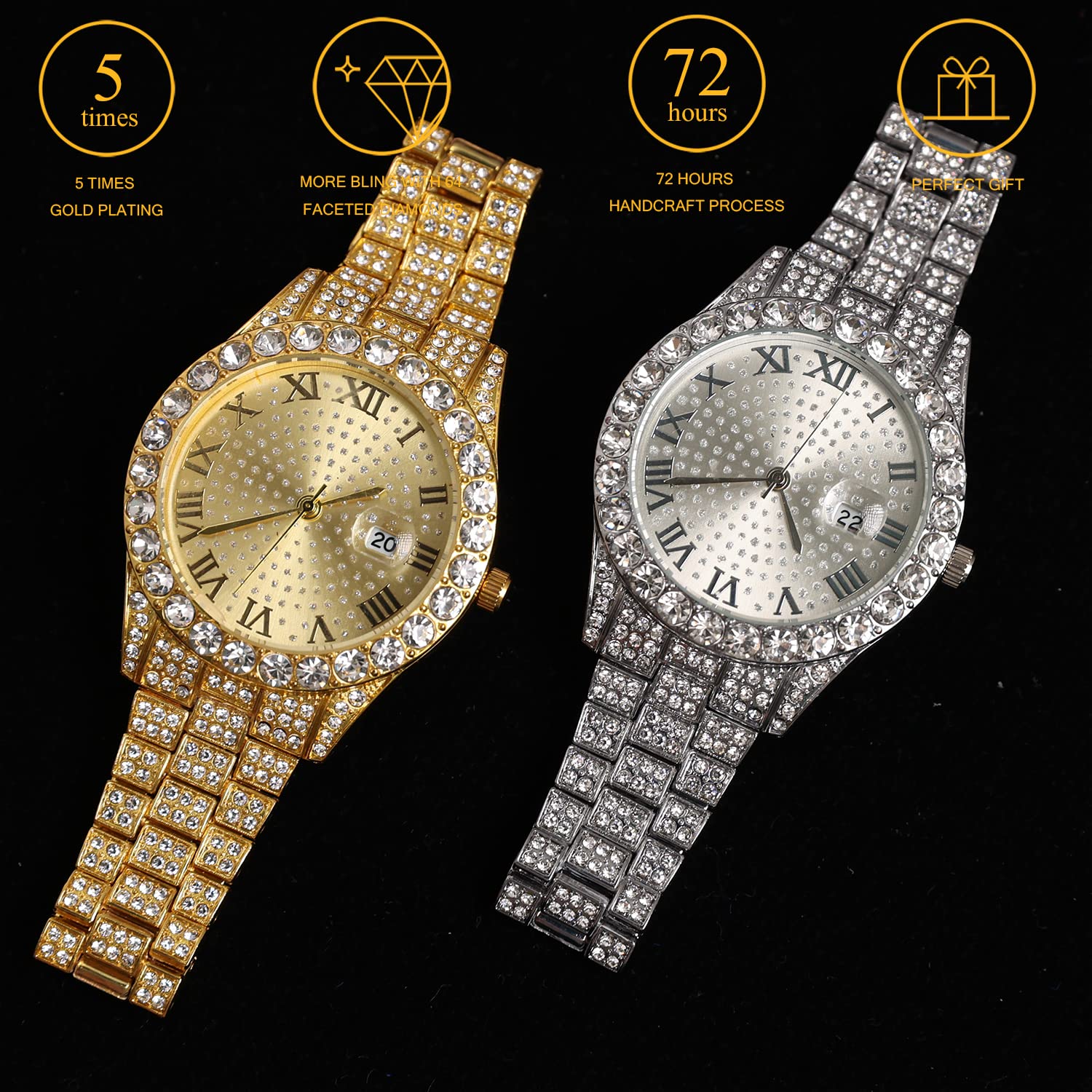 Halukakah Men's Diamond Gold Watch, 18 K Real Gold-Plated/Platinum White, 42 mm Round Design, Bracelet with Hand-set Laboratory Diamonds (24 cm), Cuban Link Chain (20 + 45 cm Necklace Bracelet) with