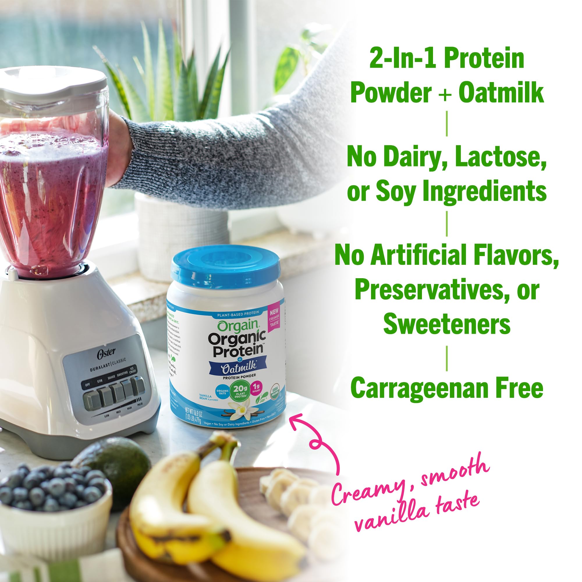 Orgain Organic Vegan Protein Powder + Oat Milk, Vanilla Bean - 20g Plant Based Protein, Gluten Free, No Dairy, Soy or Lactose Ingredients, Low Sugar, Non-GMO, Kosher, For Shakes & Smoothies - 1.05lb