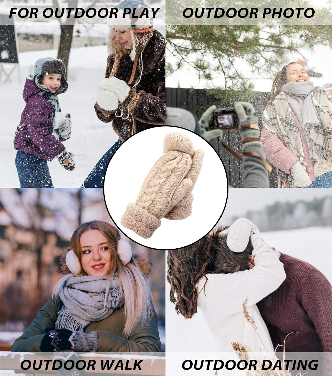 3 Pairs Winter Wool Mitten Gloves For Women,Wool Knit Thick Gloves With Thick Fleece Lining Gift: Clothing
