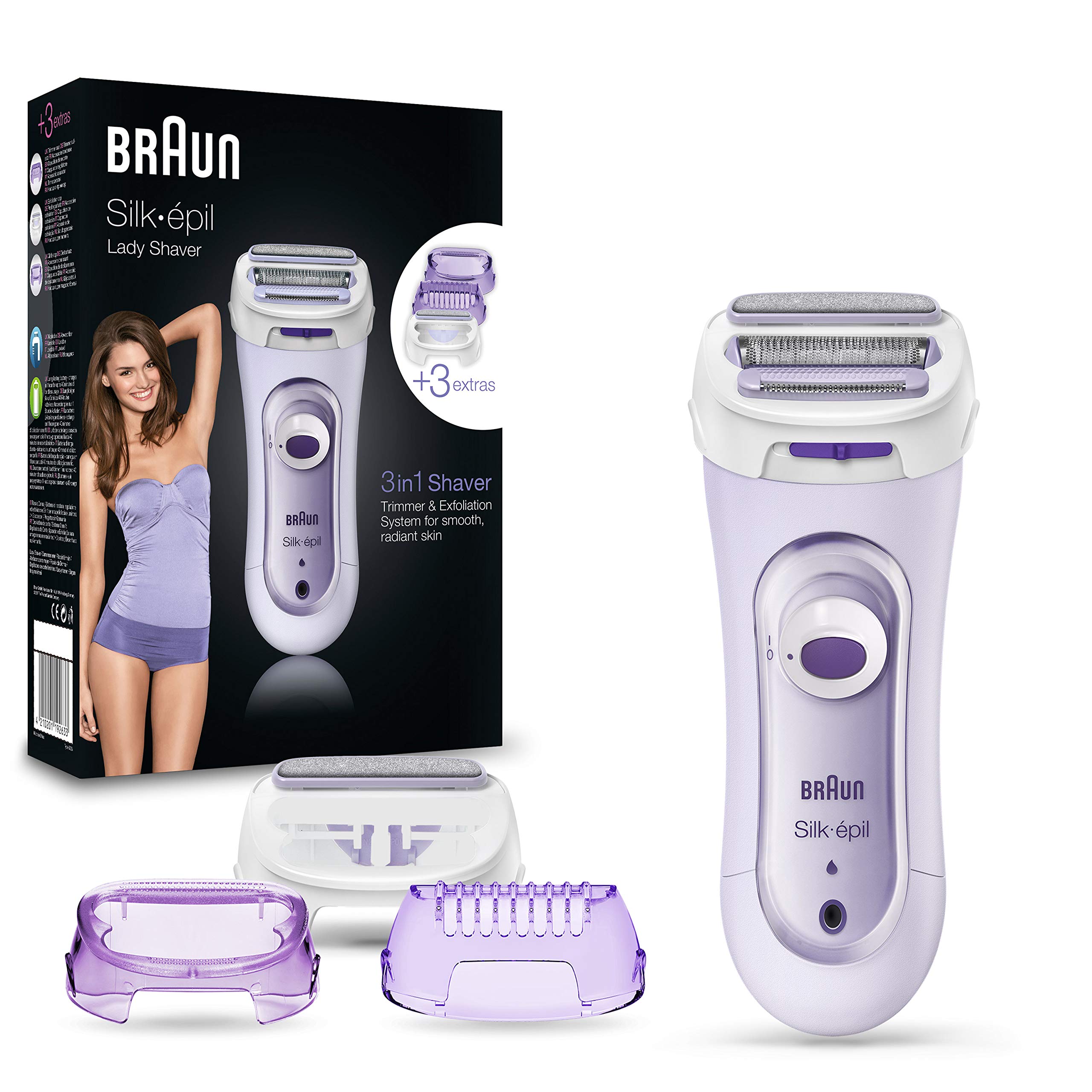 Braun Silk-épil 5 Lady Shaver, 3-in-1 Electric Shaver, Trimmer and Exfoliation System with Trimmer Cap, Wet & Dry, UK 2 Pin Plug, 5-560, Violet