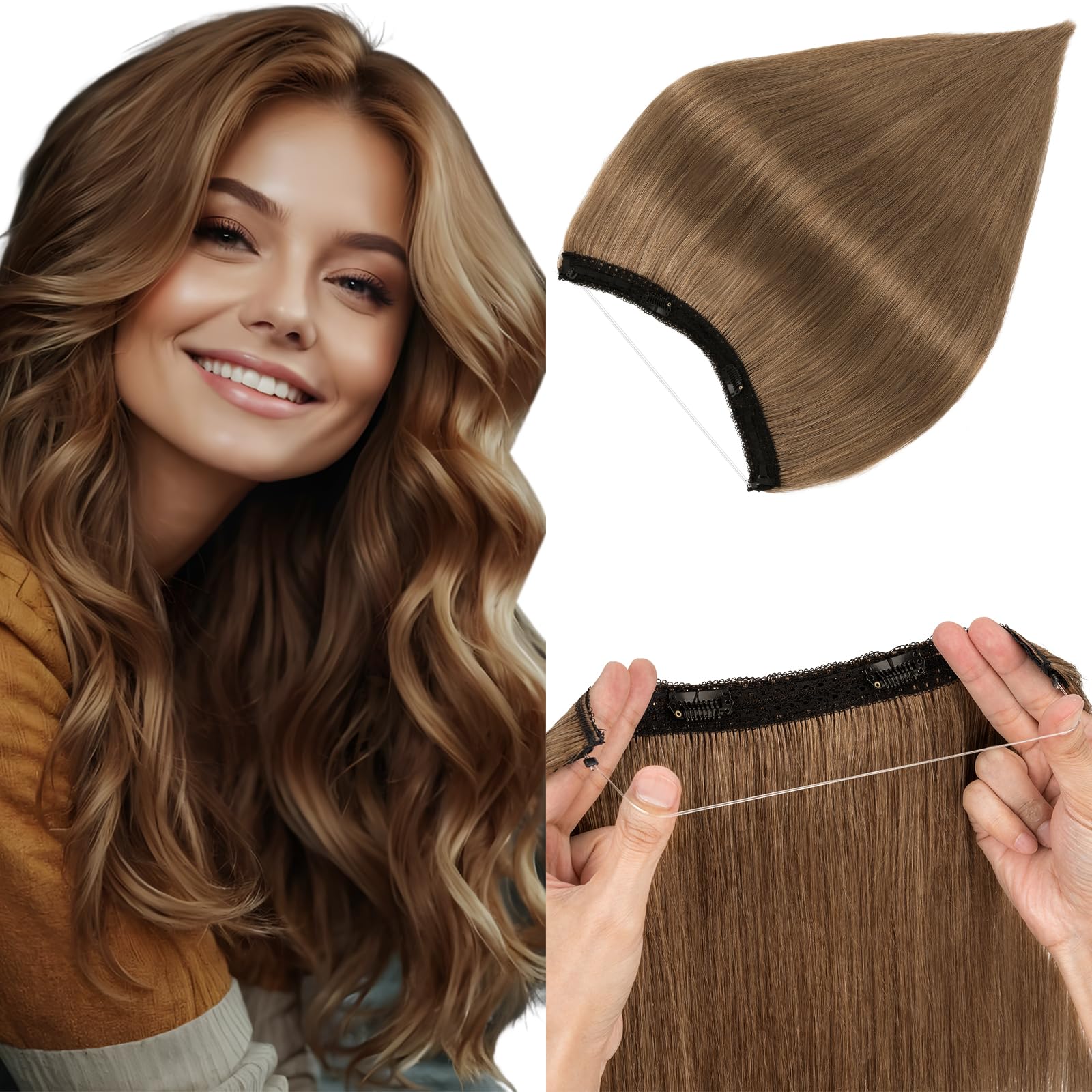 Elailite Secret Wire Clip in Hair Extensions Real Human Hair One Piece Headband Extension Invisible Straight - #06 Light Brown - 22 Inch (75 g) — image 1