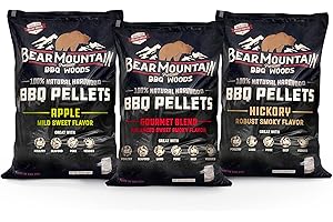 BEAR MOUNTAIN PREMIUM BBQ WOODS Bear Mountain 3-Pack Wood Pellets for Smoker, Grill & BBQ, 20 Lb, Apple, Hickory & Gourmet - Premium Hardwood Barbecue Pellets for Indoor and Outdoor Grilling