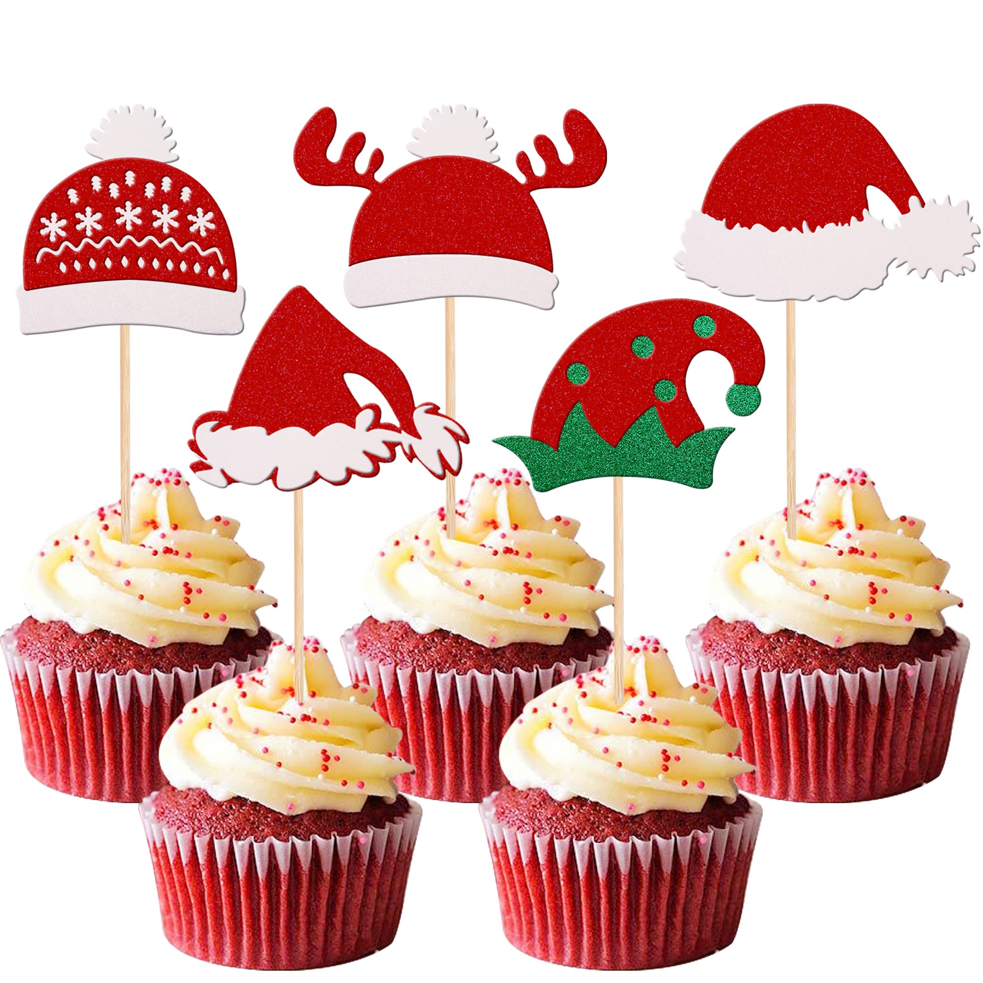 Xsstarmi 30 Pack Christmas Santa Hat Cupcake Toppers Glitter Santa Claus Hat Elve Hat Cupcake Picks for Christmas Theme Happy New Year Birthday Party Cake Decorations Supplies