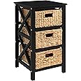 eHemco 3 Tier X-Side End Table with Wicker Baskets for Bedside, Living Room, Black