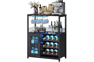 Loumernhant Bar Cabinet, Industrial Wine Cabinet with LED Light & Removabl Glass Rack, Liquor Storage Cabinet with Adjustable Wine Rack, Home Bar with Mesh Doors and Baffle, Black with Light