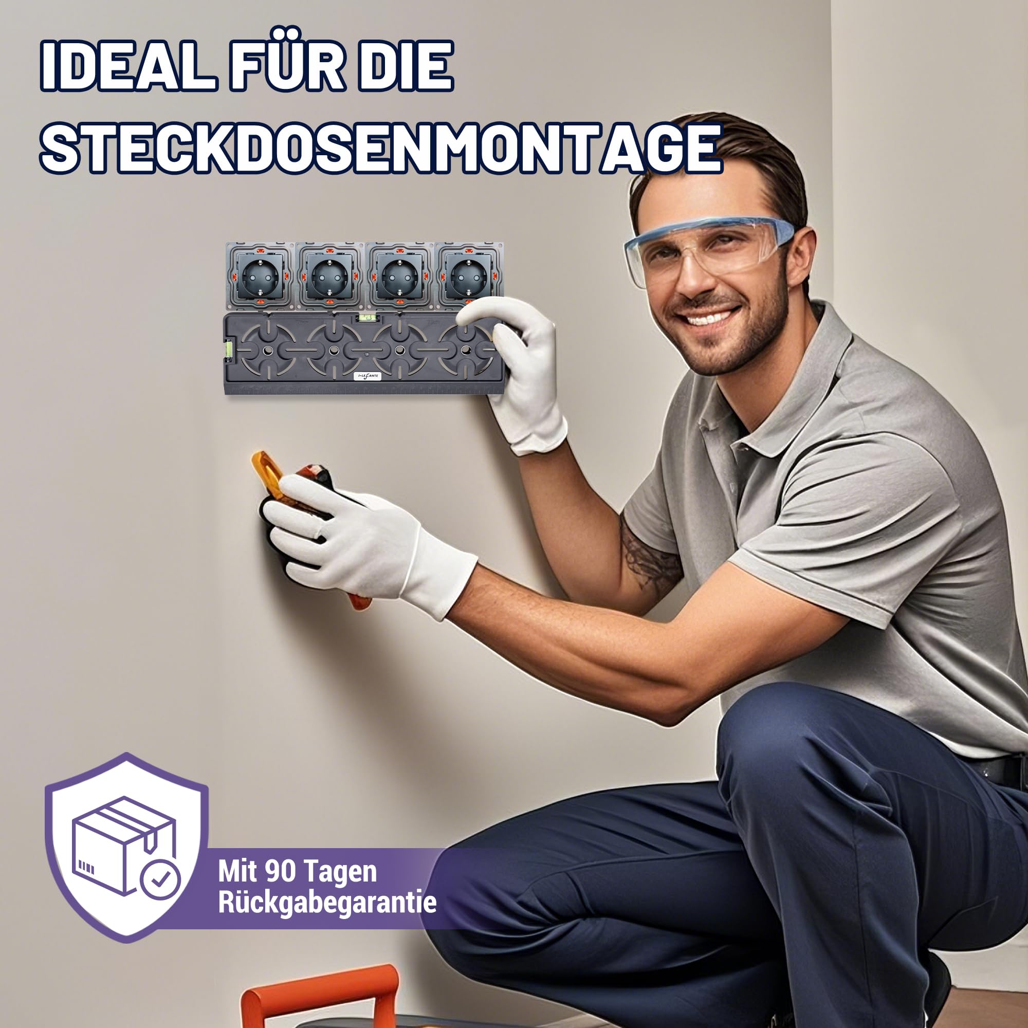 Bohrschablone für Steckdose Schalterdose Unterputzdose Hohlwanddose 71mm Abstand All in One mit Wasserwaage 30cm Lineal Für Elektroinstallation Rohbau Trockenbau Elektriker Heimwerker (Grau) 7