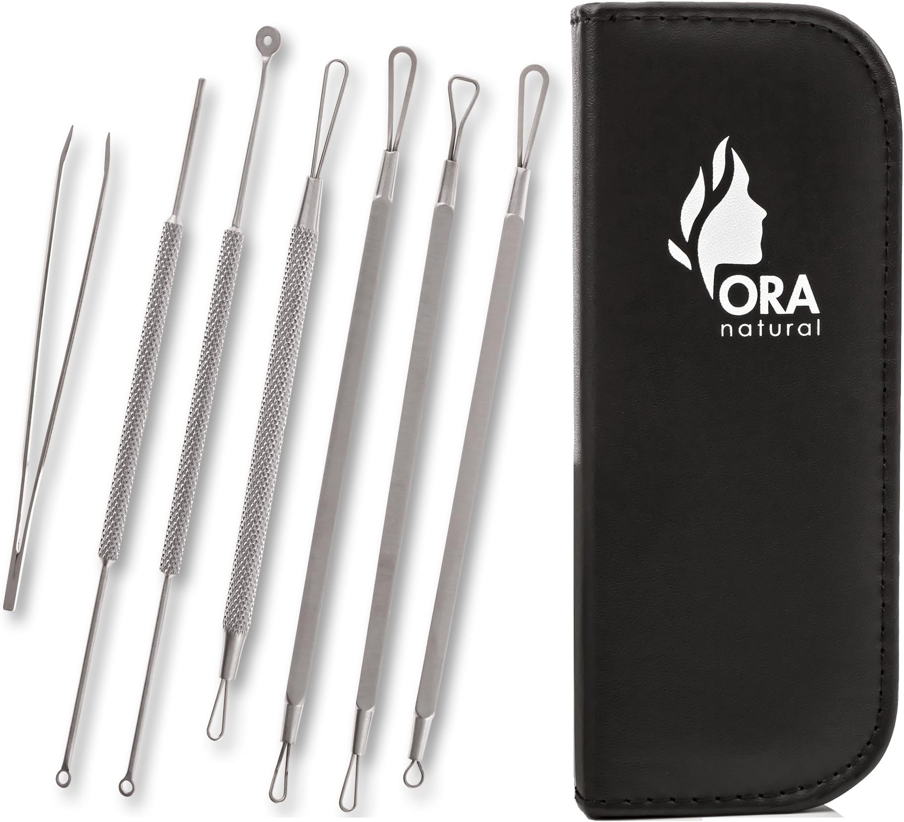 Ora Natural - 6 Surgical Extractor Facial Tool with Tweezers Included - Remove Blackheads, Whiteheads, Comedones, Acne, pimple extractor or any Facial Impurities with our tools by Ora Natural