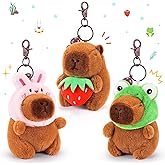Achwishap 3PCS Capybara Plush Keychain,Cute Keychain Capybara Stuffed Animal,Soft Capybara Plush Toys Key Chain,Plushie Stuffed Toys for Birthday Valentines(Bunny Hat,Frog Hat,Holding Strawberry)