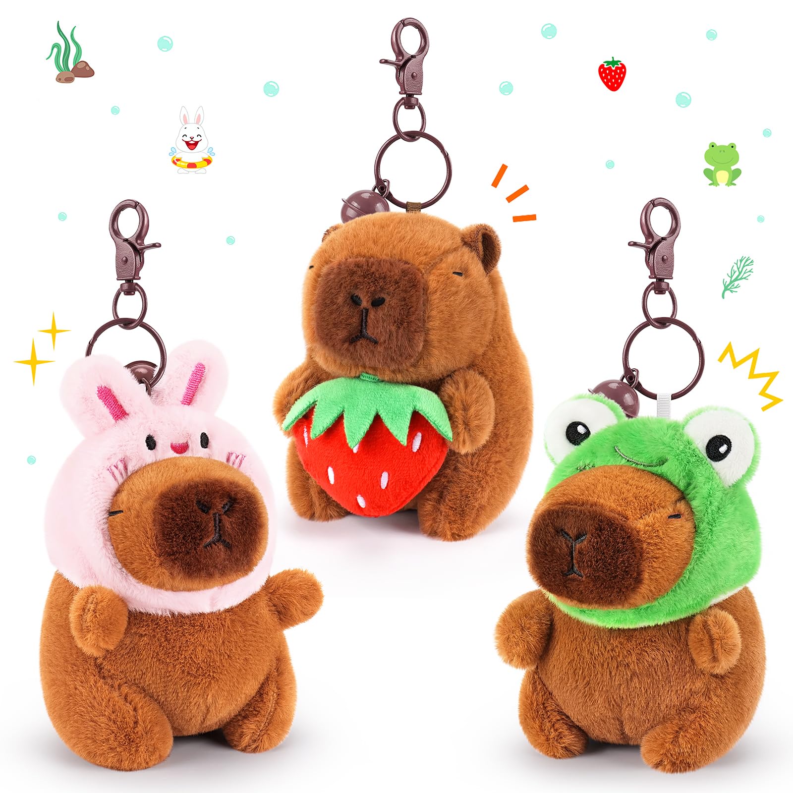 Photo 1 of Achwishap 3PCS Capybara Plush Keychain,Cute Keychain Capybara Stuffed Animal,Soft Capybara Plush Toys Key Chain,Plushie Stuffed Toys for Birthday Valentines(Bunny Hat,Frog Hat,Holding Strawberry)