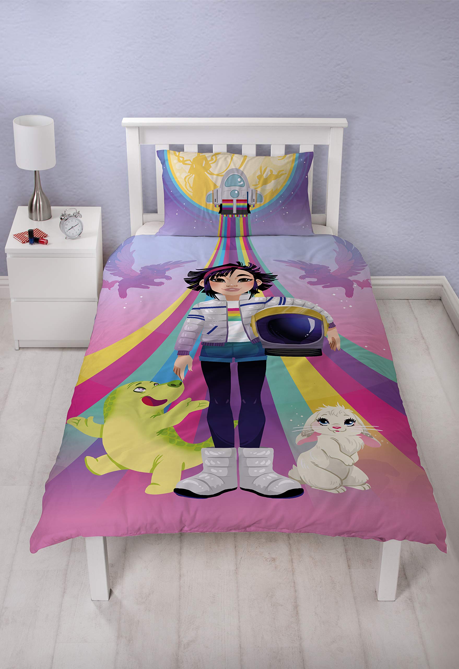 Over The Moon Netflix Single Duvet Cover Officially Licensed Fei Fei Reversible Two Sided Bedding Design with Matching Pillowcase, Polycotton, Multi Coloured, Children