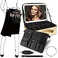 MOMIRA Large Makeup Train Case with Lighted and Mirror 14inch Partitionable Cosmetic Bag Travel Makeup Case Professional Cosmetic Artist Organizer, Waterproof Portable, with Shoulder Stra Golden