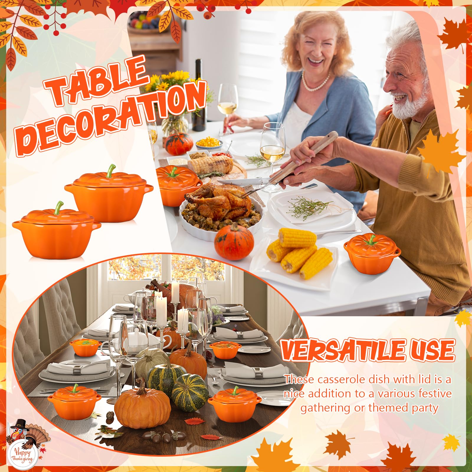 2 Pcs Pumpkin Bowls Ceramic Pumpkin Dish 13 oz Casserole Cookware Serving Pot Safe Oven Pot with Lid and Handle for Fall Halloween Thanksgiving Autumn Cooking Baking Dessert