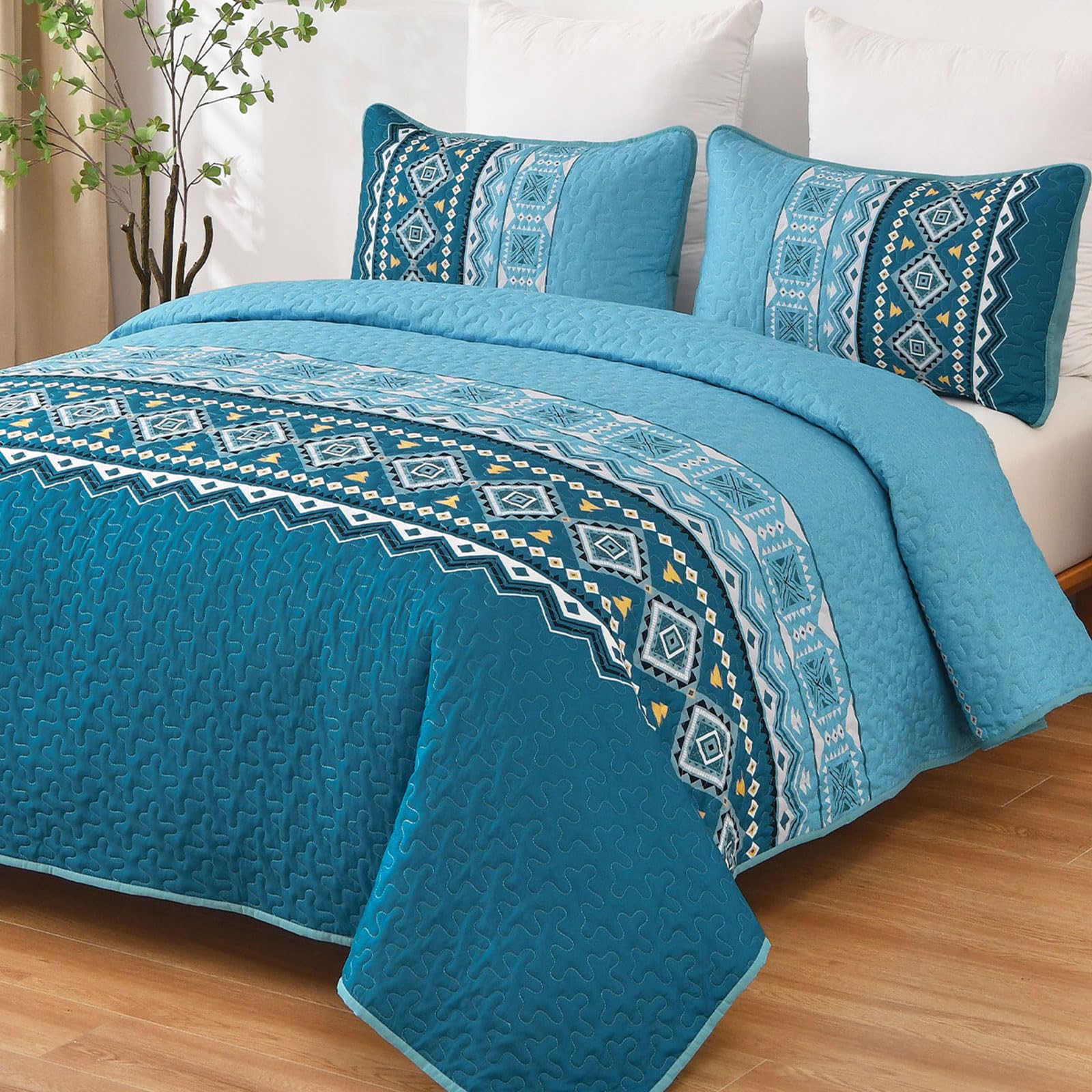 WONGS BEDDING 3 Piece Quilt Set Queen,Boho Teal Bedspread Coverlet Set with Geometry Printed for All Season,Lightweight Morden Bohemian Bedding Set 96"×90" Image