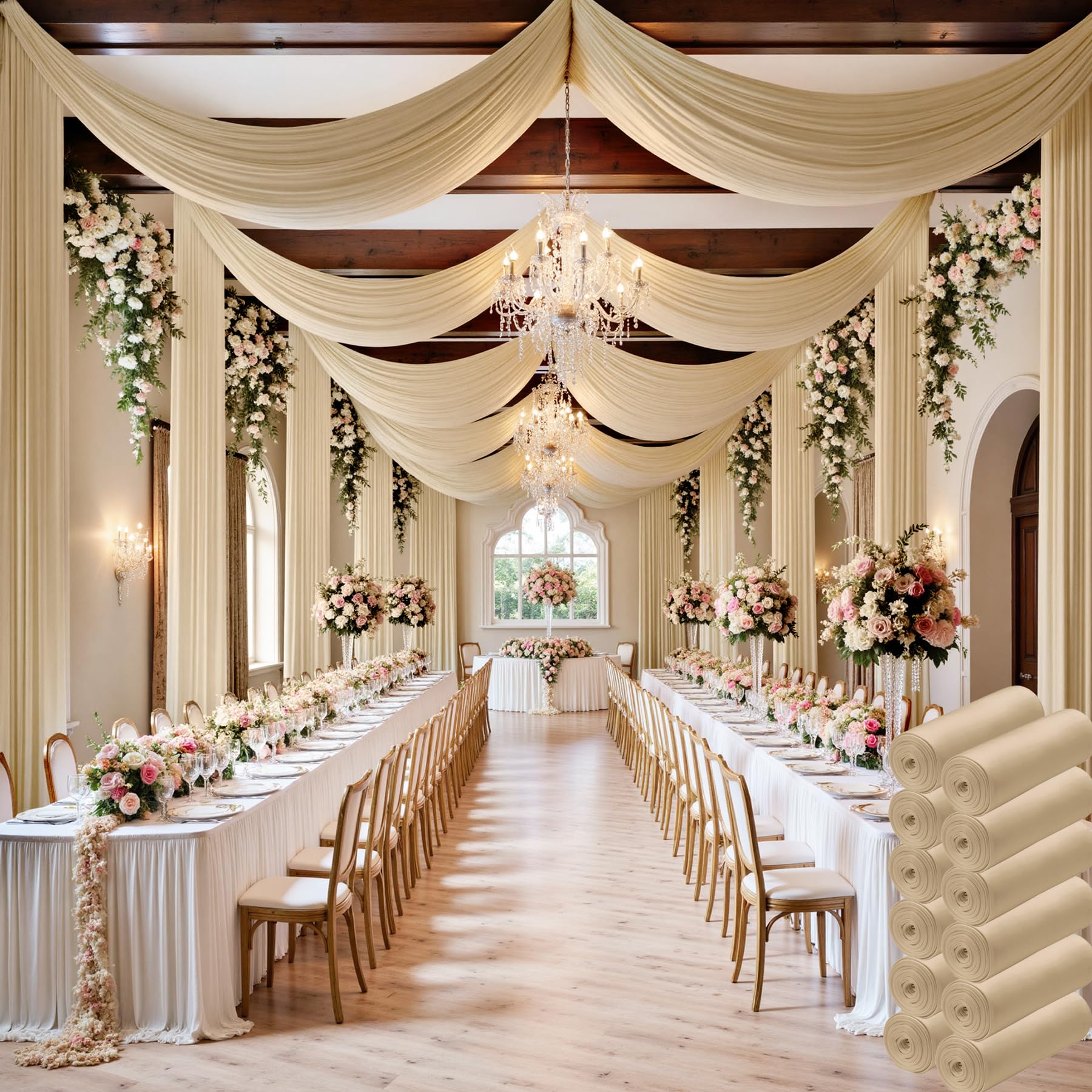 Photo 1 of 60 ft×20 ft Beige Ceiling Curtain Drapes for Weddings Parties,Wrinkle Free Polyester Draping Fabric Beige Drapery for Party Tent Canopy Hotel Banquet Hall Ceiling Decor-12 Panels 5×20ft