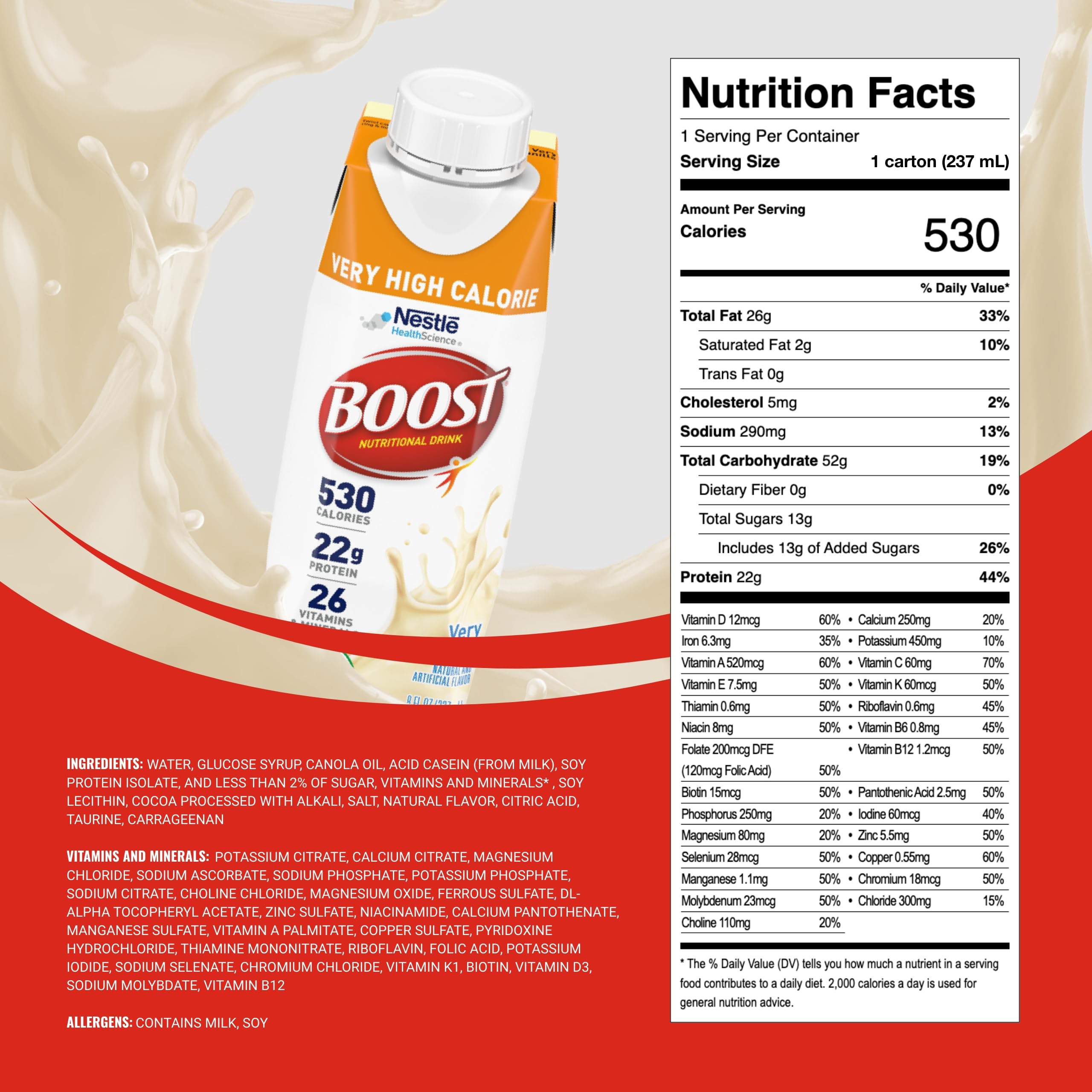 Boost Very High Calorie Vanilla Nutritional Drink – 22g Protein, 530 Nutrient Rich Calories, 8 Fl Oz (Pack of 24)