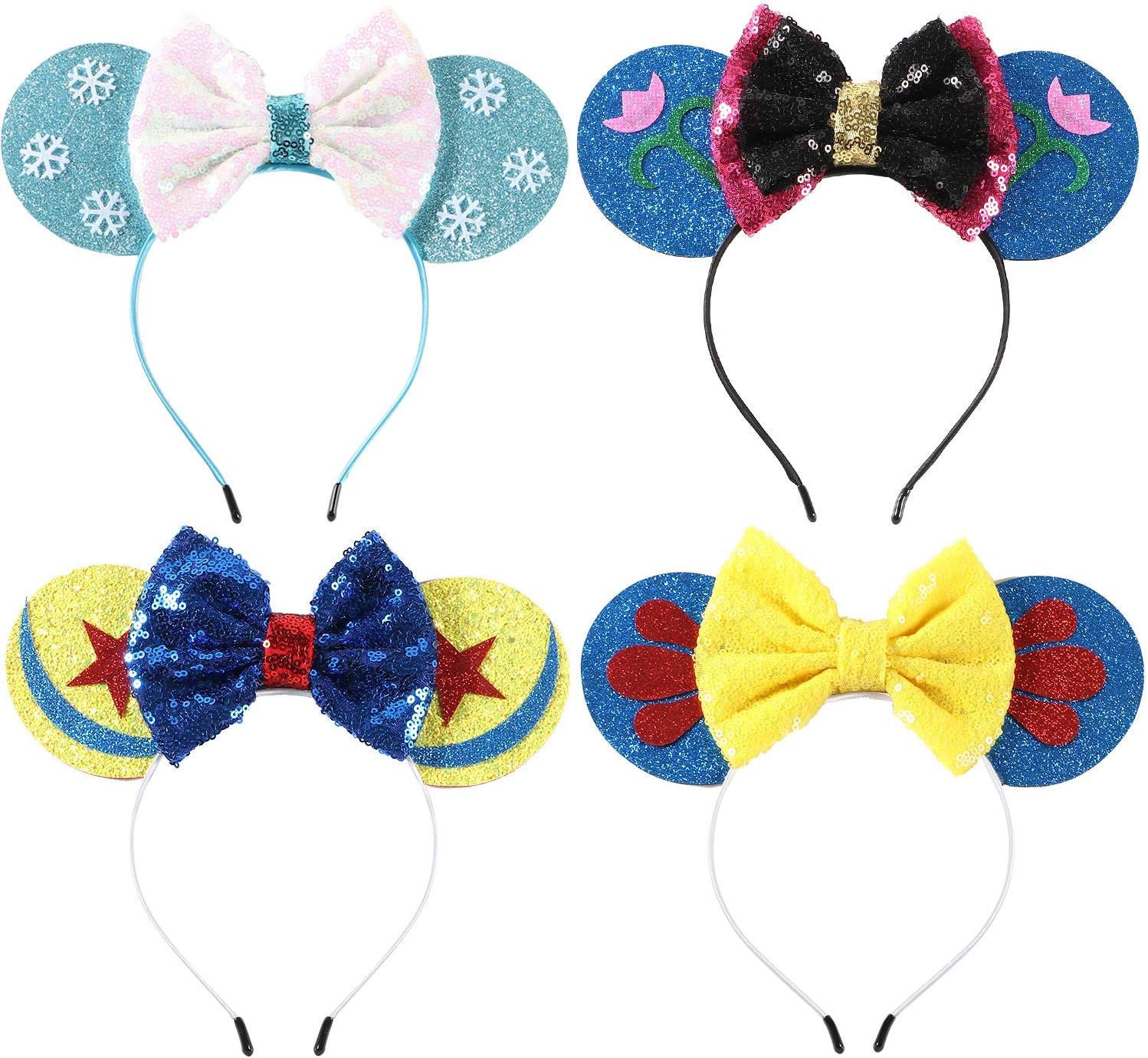 Wander EU 4 PCS Minnie Mouse Ears Bow Headbands Glitter Party Decoration Frozen Inspired Princess Elsa Anna Snow White Mickey Ears Headband for Kids (4PC)