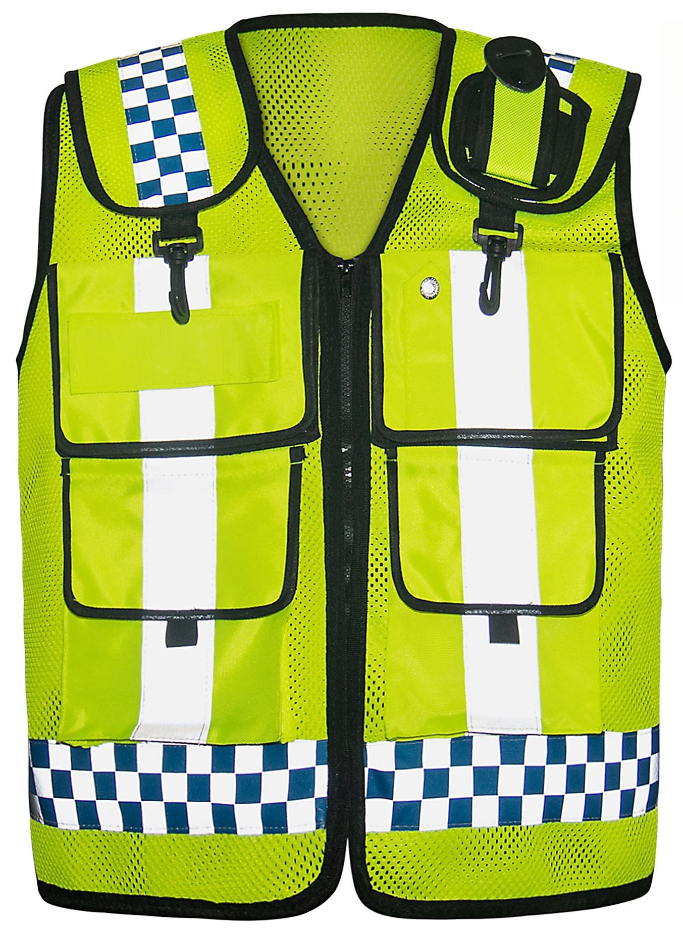 Hi Vis Vest with Multi-pockets, Durable High Visibility Waistcoat for Motorbike, Adjustable Hi-viz Jacket Police Vest w/Checkered Reflective Strip, Front Zip, Thick Mesh Material, Detachable Badges