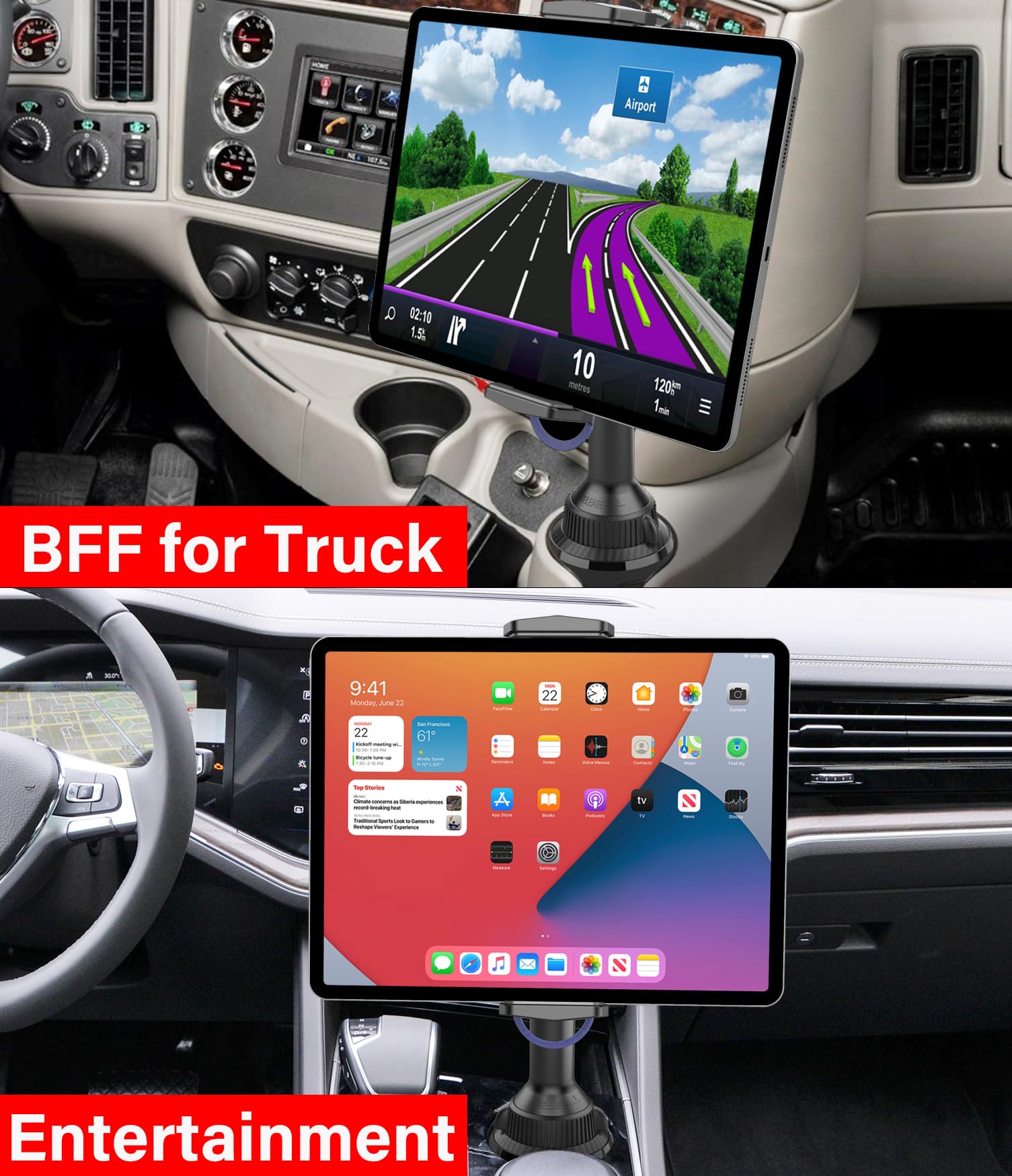 APPS2Car Solid Cup Holder Tablet Mount for Car, Adjustable Height iPad Car Mount for Truck Low Profile Road Trip Essentials Compatible with 4.7-13