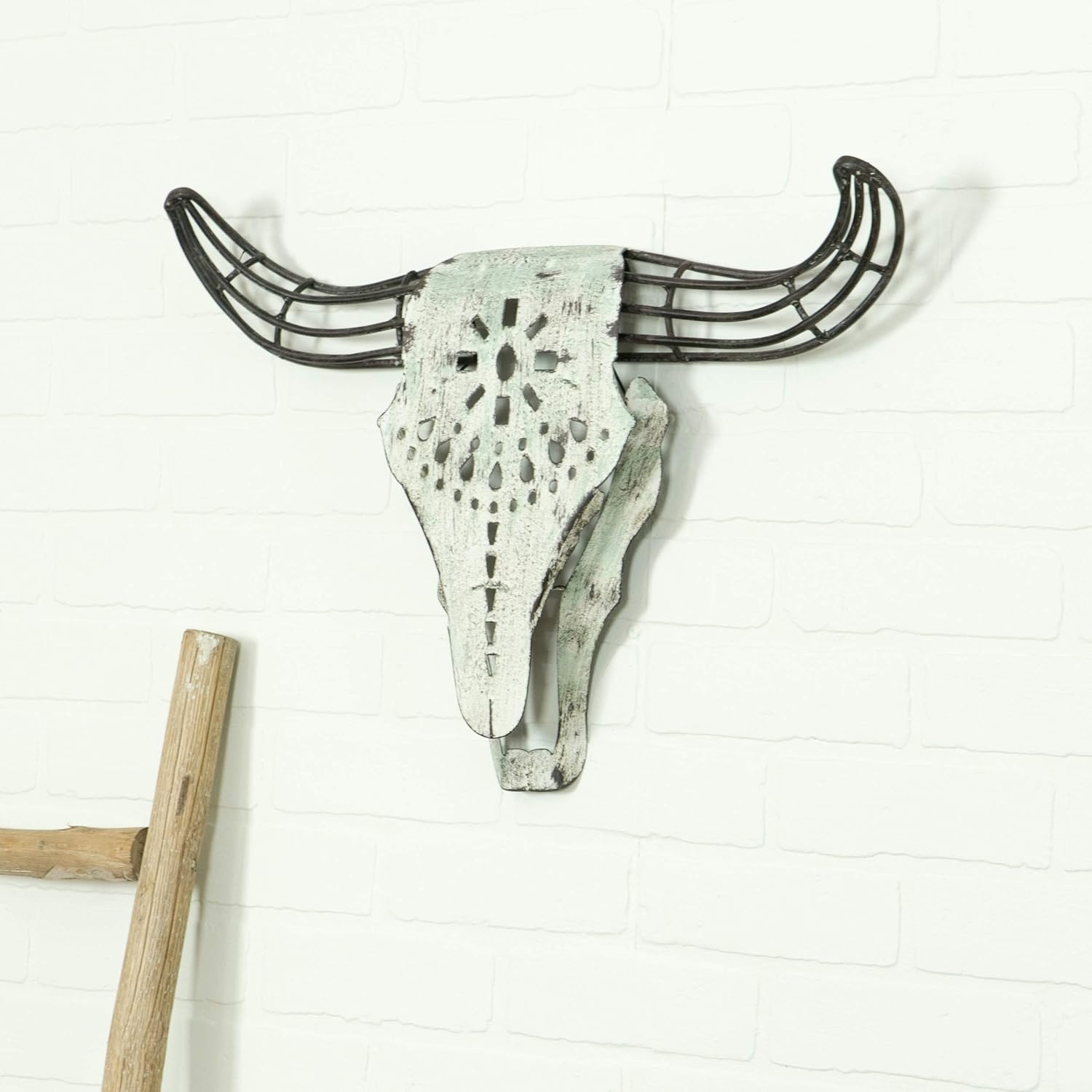 Rustic Distressed White Metal Bull Skull Wall Decor