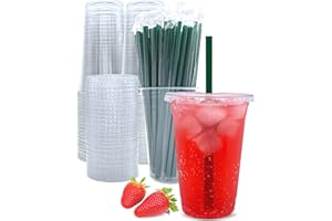 AATRIET 20 oz Clear Plastic Cups with Lids and Straws, Disposable Coffee Cups 25 Sets