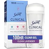 Secret Clinical Strength 100HR Sweat &amp; Odor, Clear Gel Antiperspirant Deodorant for Women, 3X Stress Protection with Hyaluronic Acid, PH Balancing Minerals, Clear Lavender Scent, 2.6 oz