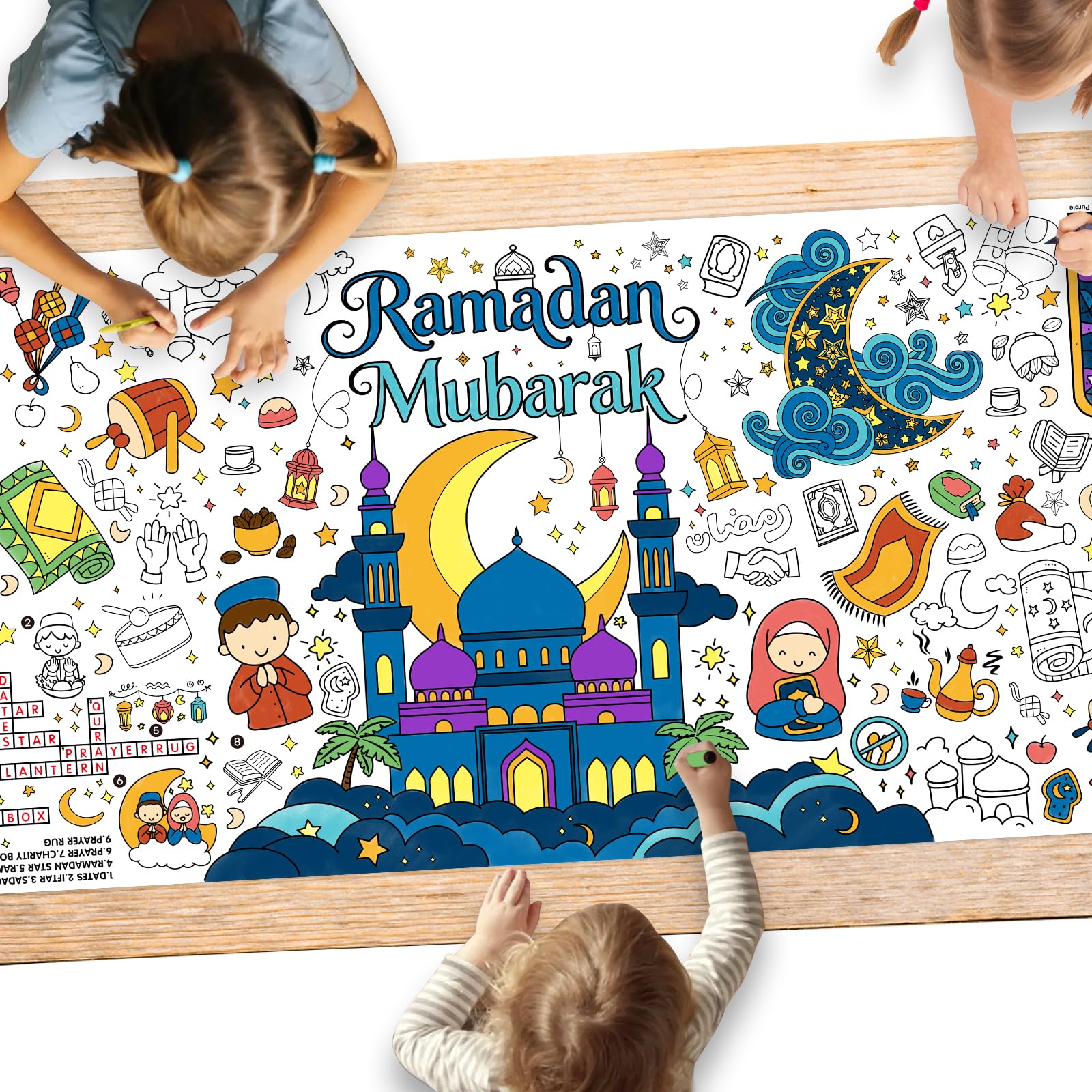 Gatherfun Ramadan Activity Poster & Home Decor - 31.5 x 72 Coloring Banner/Table Cover for Eid Mubarak Decoration, for School Parties & Ramadan Decoration
