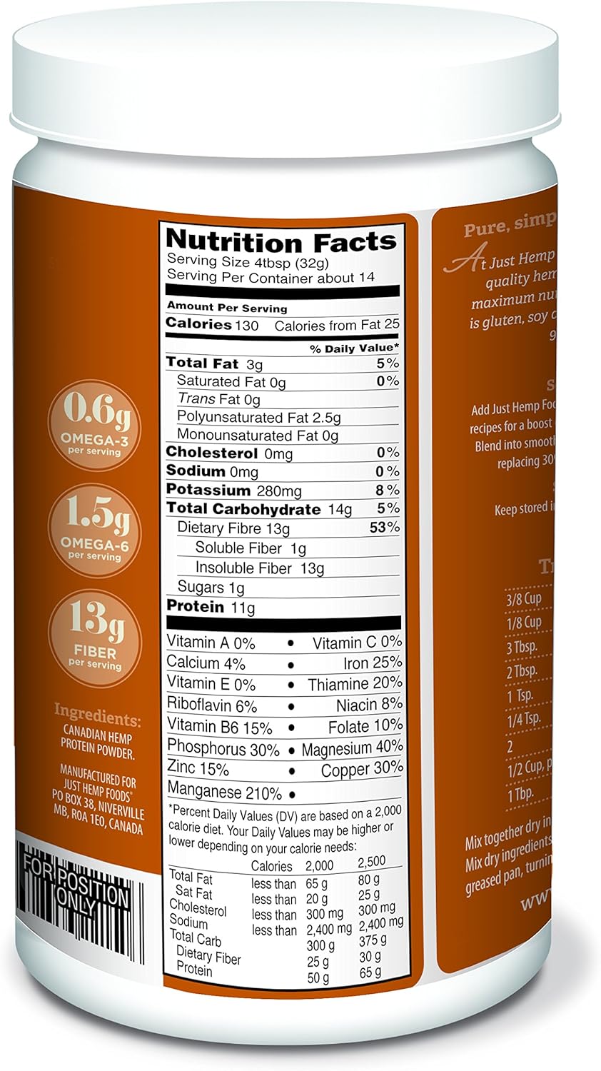 Just Hemp Foods Hemp Protein Powder Plus Fiber, Non-GMO Verified with 11g of Protein & 11g of Fiber per Serving, 16 oz - Packaging May Vary: Health & Personal Care