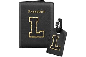 Slohif Passport Holder Initial Lugguage Tag Set Suitcase Cover Wallet Case for Travel Women - Leather Letter Passport Book Personalized Organizer Card Protector Sleeve Essentials Slim Carrier Black L