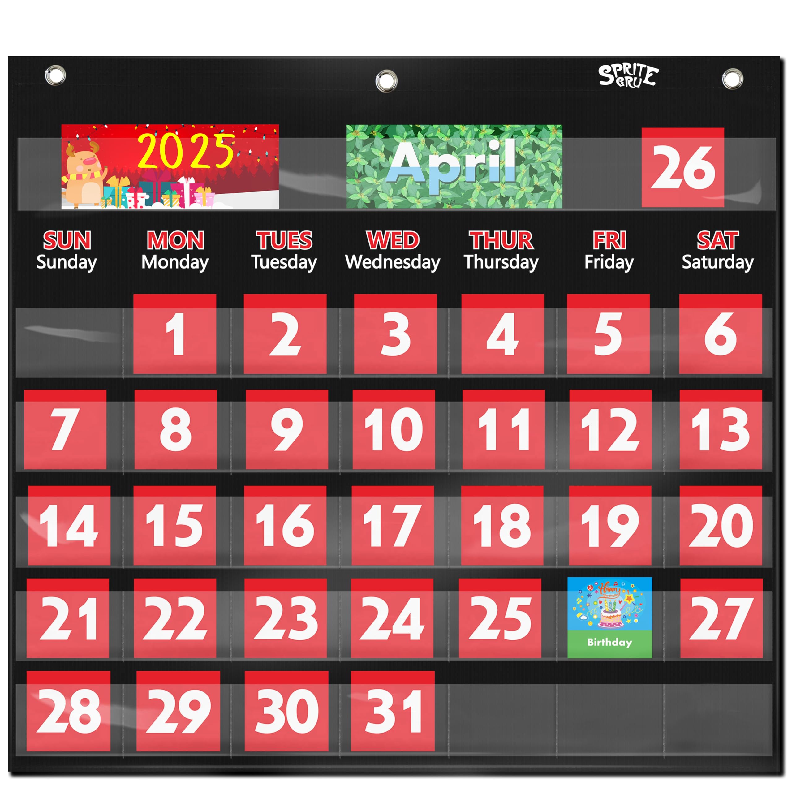 Photo 1 of SpriteGru Black Calendar Pocket Chart with 76 Cards,(68 Illustrated Activity Cards, Alphabets, Language Skills, 8 Dry Erasable Flash Cards and 3 Hooks)20” X 19”