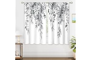 oolygoo Grey Eucalyptus Botanical Leaves Floral Window Curtains Watercolor Black White Flower Plant Wildflower Farmhouse Curtain Drapes Herb Curtains for Bedroom Living Room Treatment 42Wx45H Inch