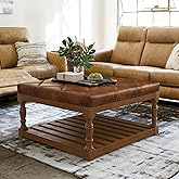 LUE BONA Ottoman Coffee Table, 34”Faux Leather Upholstered Tufted Coffee Tables, Large Square Ottoman with Wood Storage Shelf