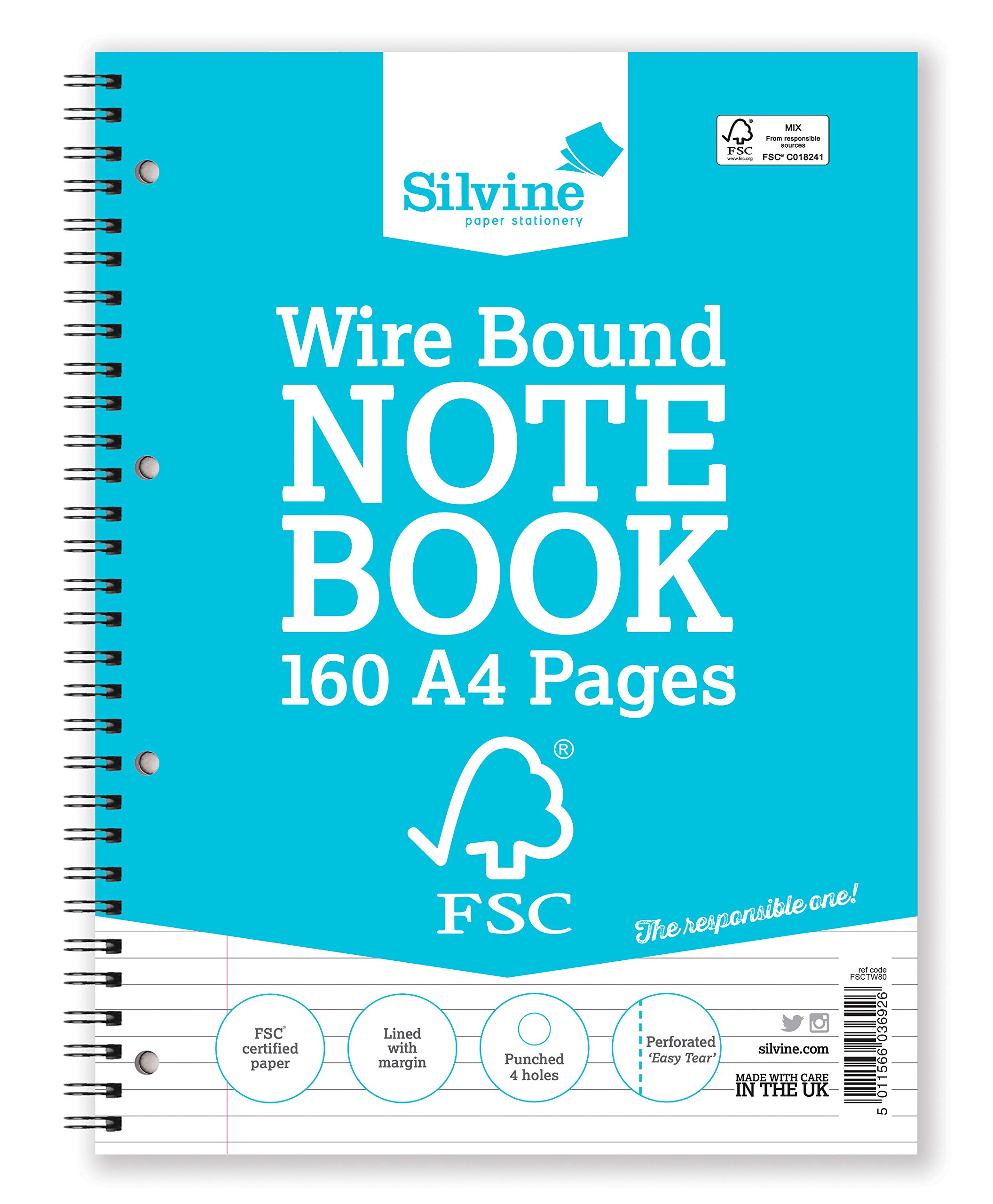 Silvine A4 Everyday FSC Twin Wire Notebook - Lined with Margin, 160 Pages of FSC Certified Paper. Ref FSCTW80 [Pack of 5]
