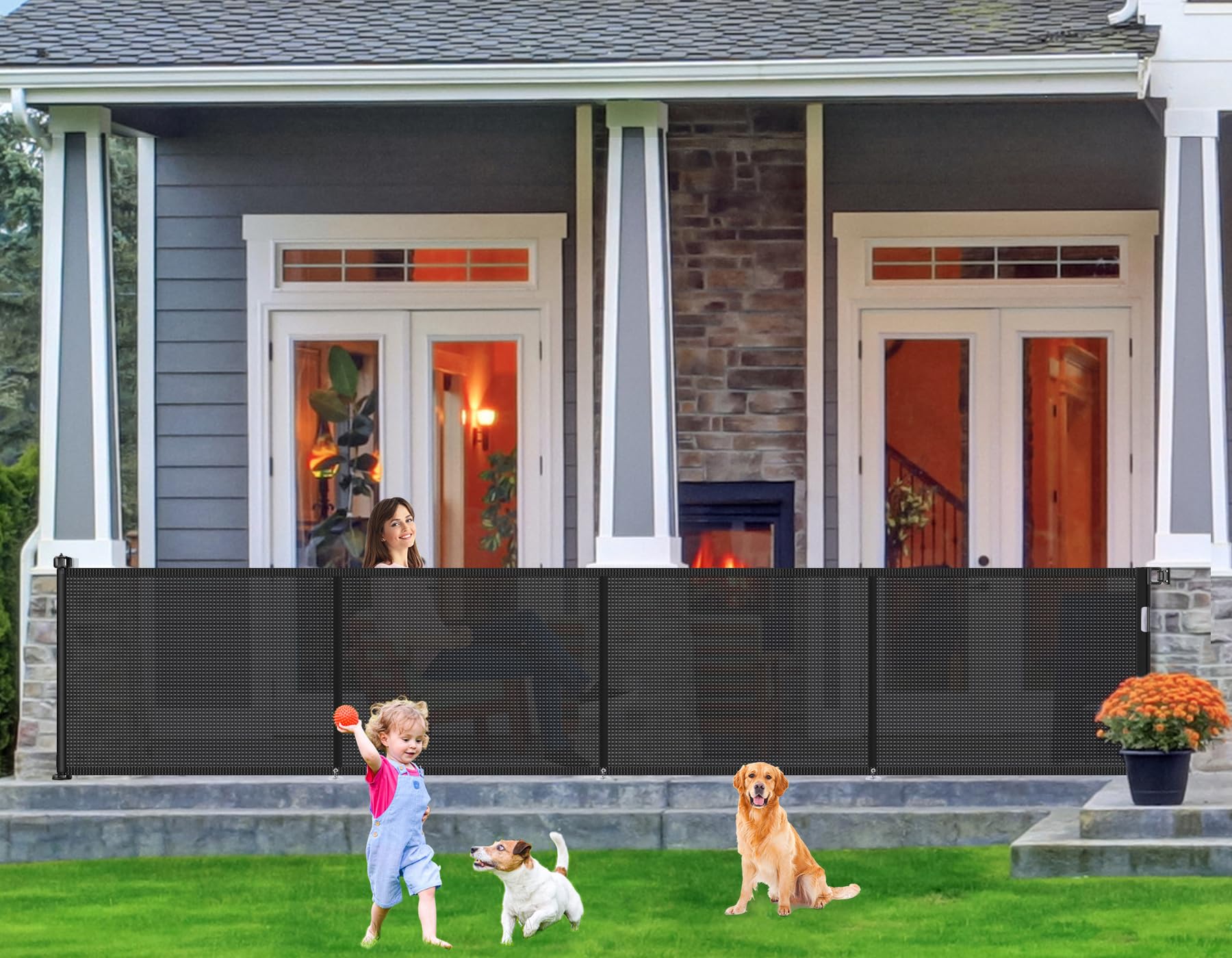 Upgrade 180 inch Retractable Baby Gates, EZIGO Extra Wide Baby Gate for Large Opening Extra Long Mesh Gate for Kids or Pet Dog Gate Child Safety Gate for Stairs Hallways Doorway Indoor Outdoor, Black Image